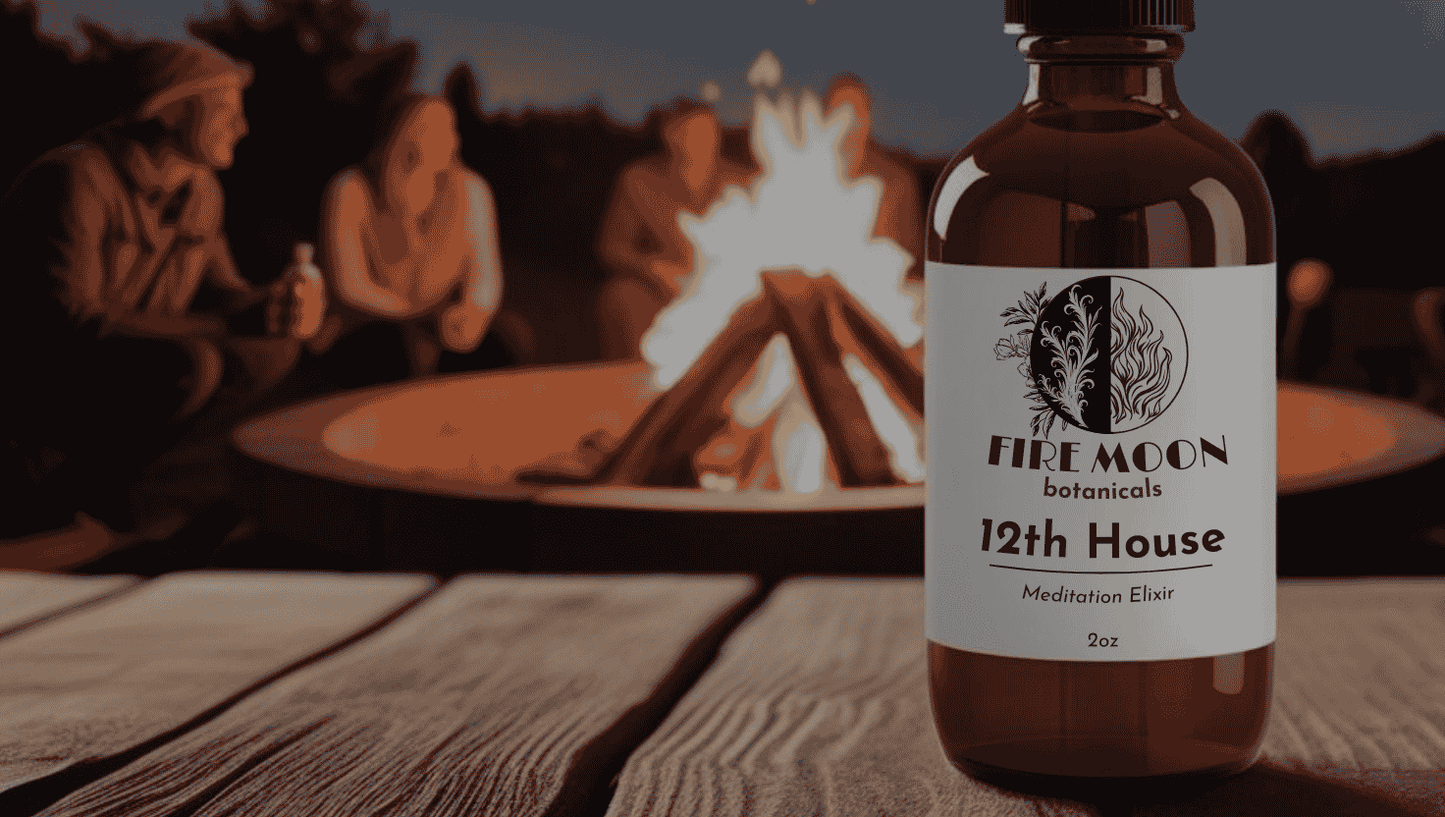 A bottle of Fire Moon Botanicals 12th House Meditation Elixir with people sitting around a campfire in the background, evoking a sense of connection, calm, and natural meditation support.