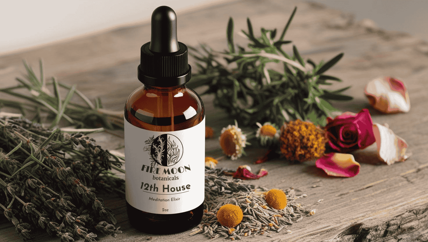 A bottle of Fire Moon Botanicals 12th House Meditation Elixir surrounded by dried herbs, highlighting its natural, locally-grown, and wildcrafted botanical ingredients for meditation and nervous system support.