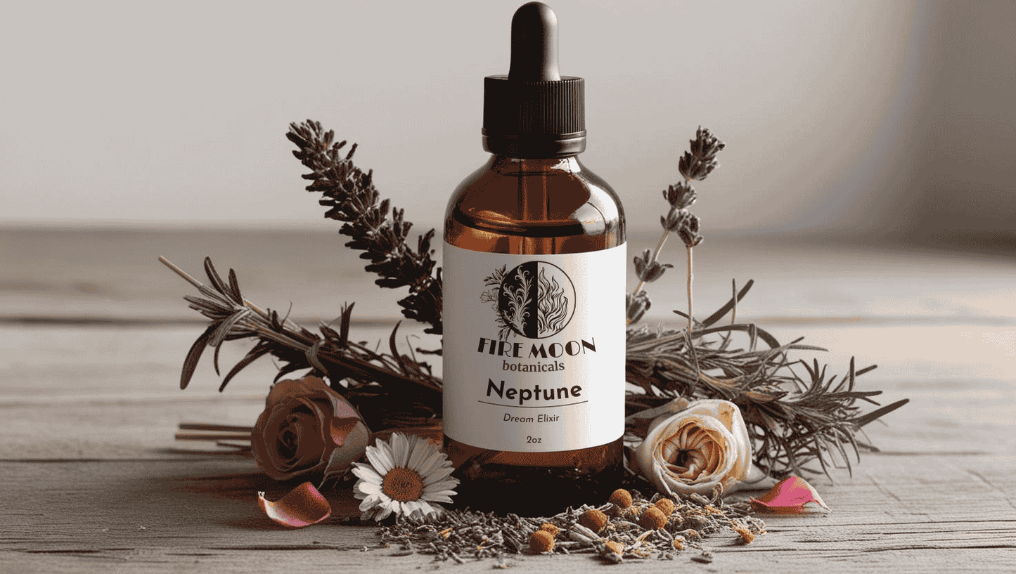 A bottle of Fire Moon Botanicals Neptune Dream Elixir on a wooden table surrounded by dried herbs, highlighting its natural, wildcrafted ingredients and dream-enhancing properties.