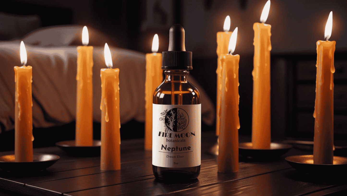 A bottle of Fire Moon Botanicals Neptune Dream Elixir in a cozy bedroom setting with candles lit, creating a calming ambiance and emphasizing its support for restful sleep and dream recall.