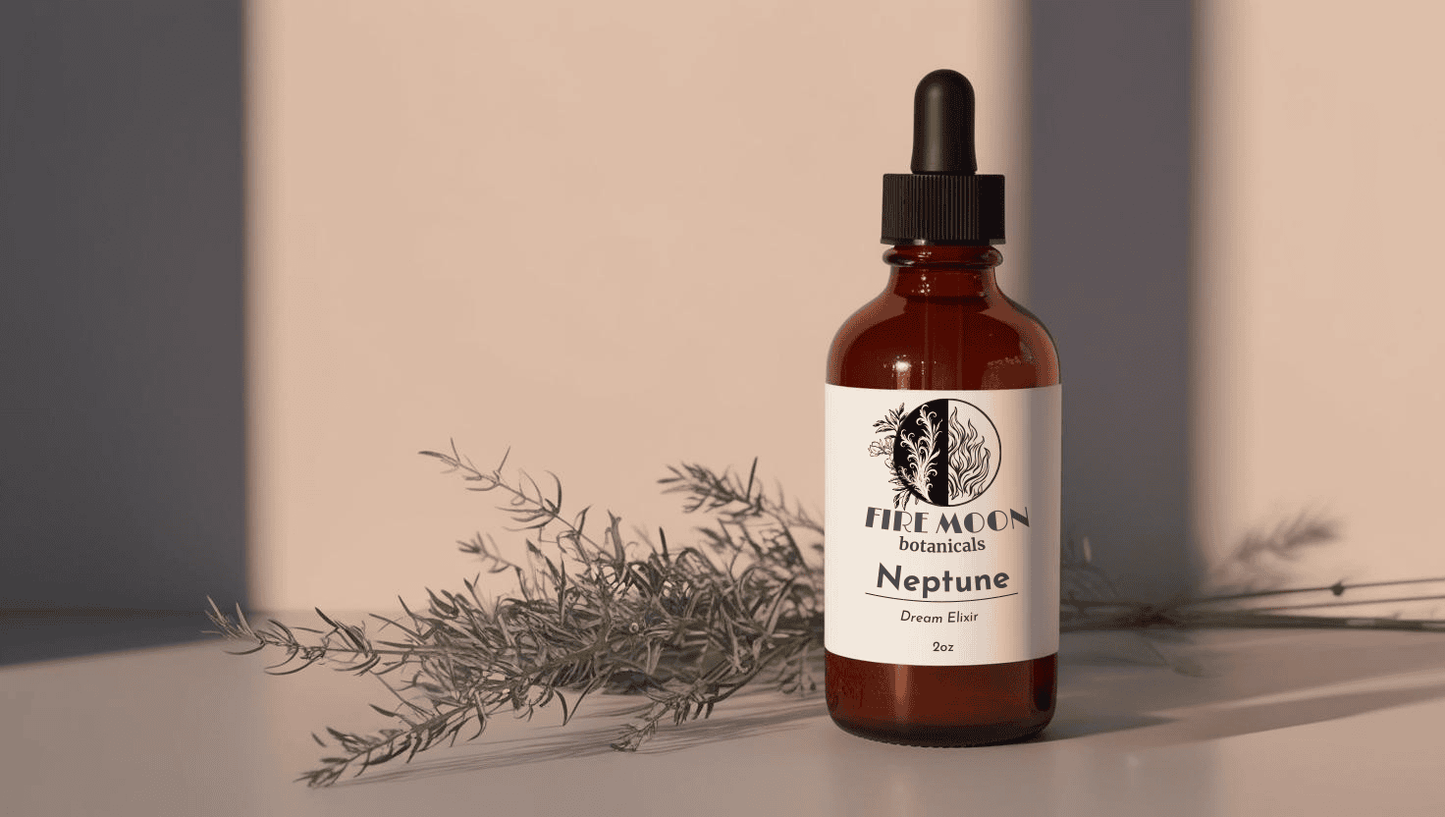 A bottle of Fire Moon Botanicals Neptune Dream Elixir with mugwort in the background, set against a simple white evening backdrop, evoking restful nights and dream support.