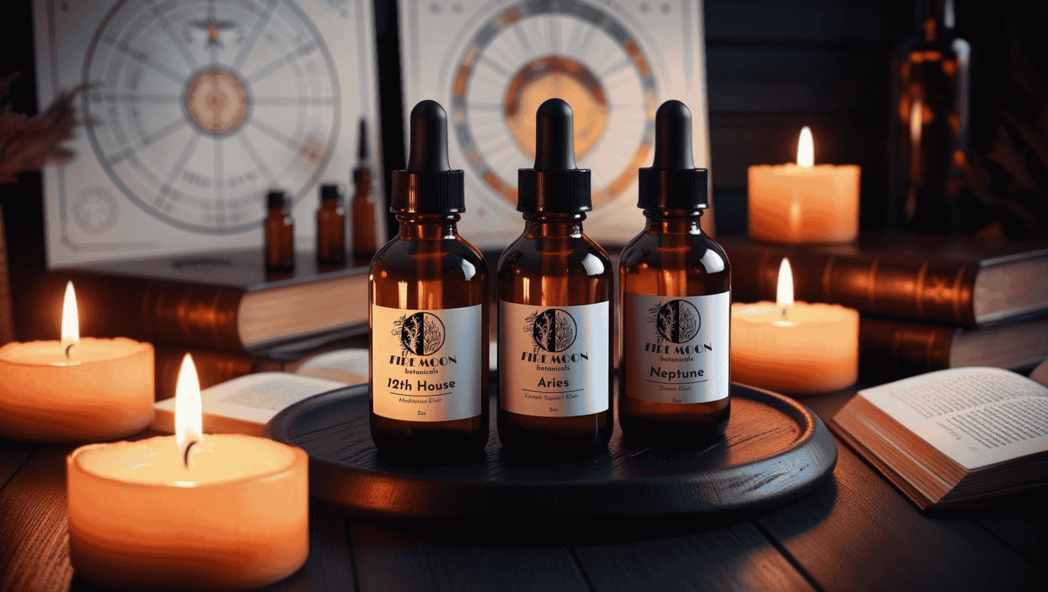 Four bottles of Fire Moon Botanicals herbal elixirs displayed in front of astrology charts, highlighting their connection to natural cycles, medical astrology, and holistic wellness.