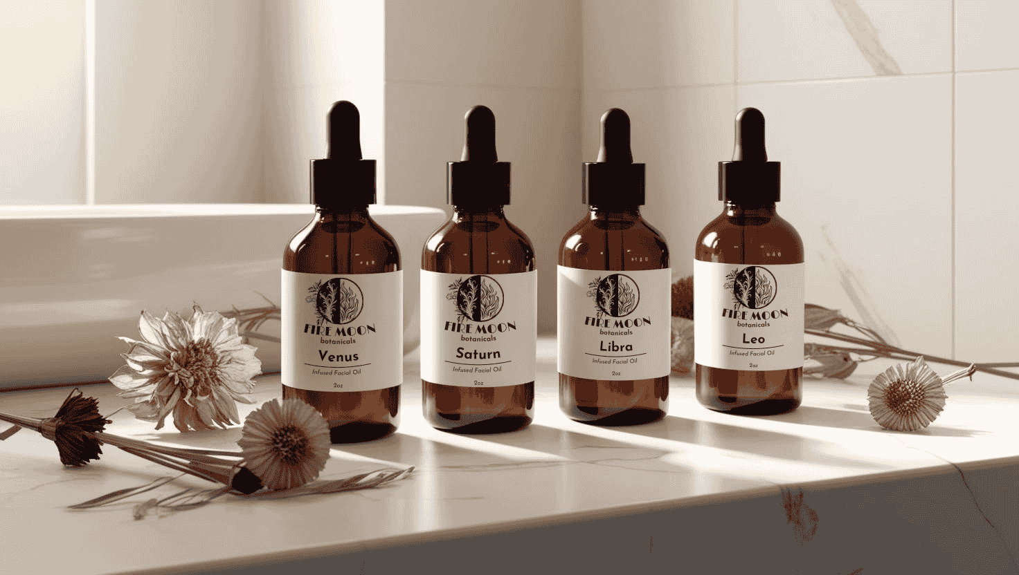 Four bottles of botanical-infused oils from Fire Moon Botanicals arranged on a bathroom countertop, offering natural skincare solutions with high-quality ingredients and targeted benefits