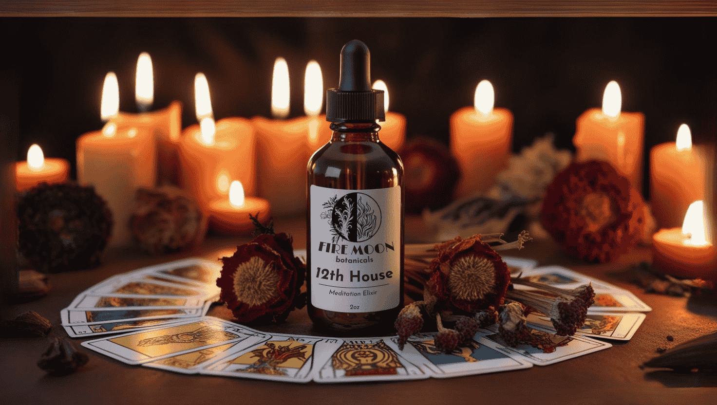 A bottle of Fire Moon Botanicals 12th House Meditation Elixir placed in a serene meditative scene with glowing candles and tarot cards, emphasizing its support for third-eye activation and calming the nervous system.