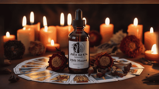 A bottle of Fire Moon Botanicals 12th House Meditation Elixir placed in a serene meditative scene with glowing candles and tarot cards, emphasizing its support for third-eye activation and calming the nervous system.